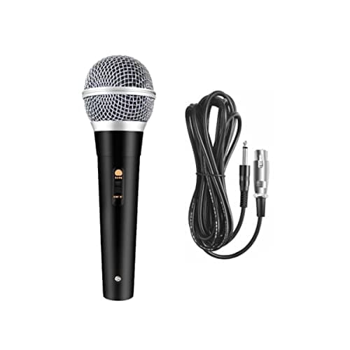Microfone dinâmico profissional com fio de 5 metros, cor preto, para karaokê e streaming.