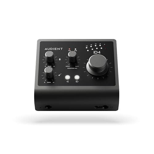 Interface de áudio Audient iD4 MKII em preto com botões rotativos e texto 'AUDIENT' e 'ID4'.