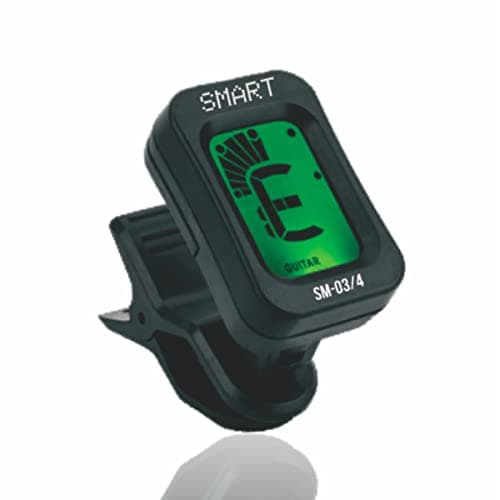 Afinador digital Smart SM03-4, preto com display verde, mostrando a nota 'E'.