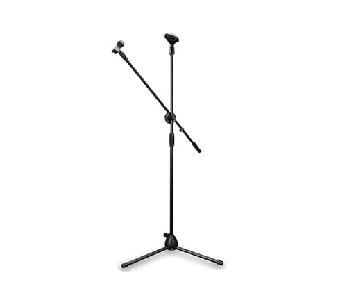 Suporte de microfone de tripé com braço articulado, preto, contra fundo branco