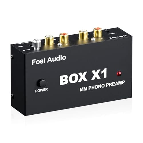 Pré-amplificador Fosi Audio Box X1, MM Phono Preamp, preto, com conectores e botões de ajuste, contra fundo branco.