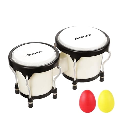 Soulmate Conjunto de tambor bongô de 10 cm e 12,7 cm para crianças e adultos, bongôs de percussão com chave de afinação (branco)