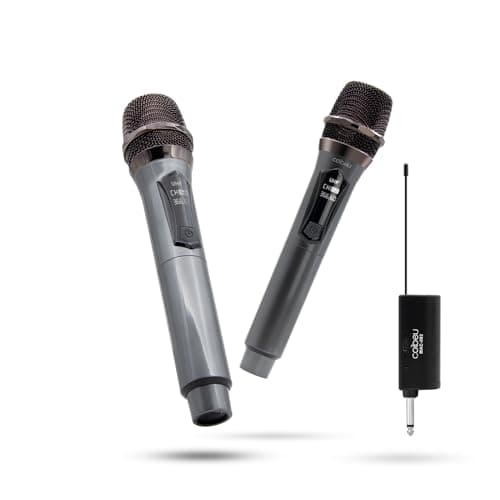 Microfones sem fio duplo UHF cinza e preto com receptor cobeu