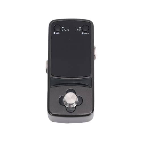 Pedal de afinador de guitarra OPPWONG em preto, botão central de ajuste, botões laterais para CIG/B e Flat, ajustes A4- e A4+.
