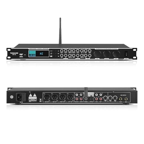Sistema de processador de karaokê com interface digital e controles de equalização, microfone anti-uivo