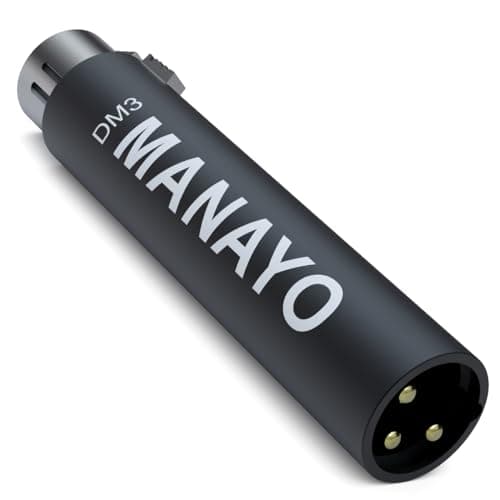 Pré-amplificador de microfone em linha DM3 da ManaYo, preto, com conectores dourados, mostrado em ângulo frontal.