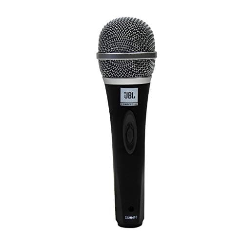 Microfone dinâmico JBL CSHM10 preto e prata com logotipo JBL