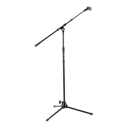 Pedestal de microfone telescópico giratório com base de alumínio fundido, preto, contra fundo branco.