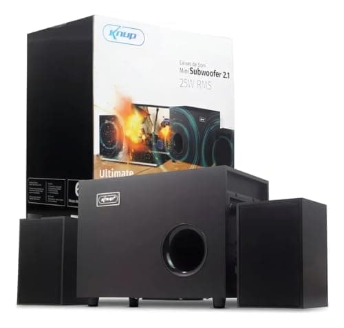 Caixa de Som 2.1 com Subwoofer 25W RMS para PC KP-RO809 – Áudio Potente com Graves Intensos, Conexão P2, Ideal para Computador, Notebook e Gaming