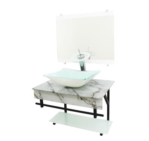 Gabinete de Vidro para Banheiro 50x40cm com Cuba Quadrada, Espelho e Válvula Click (Mármora Branco)