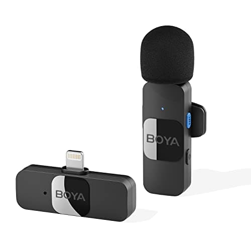 BOYA Microfone de lapela sem fio para iPhone,iPad,smartphone,minilapela,microfone,grampo,para gravação vídeo,podcast,transmissão ao vivo do YouTube (Lightning 1TX+1RX) Preto(MLS-BY-V1)