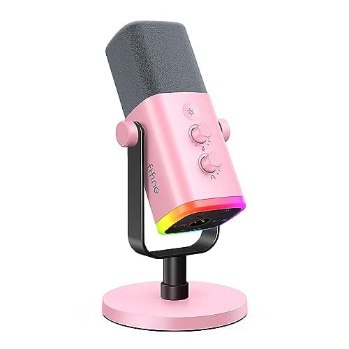 Microfone FIFINE AM8 rosa com luzes RGB, conector XLR/USB, botão de mudo, base de suporte rosa, fundo branco.