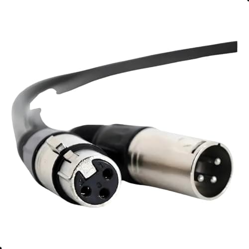 Cabo XLR de 1 metro para microfone profissional, conectores XLR macho, acabamento em metal prateado e preto.