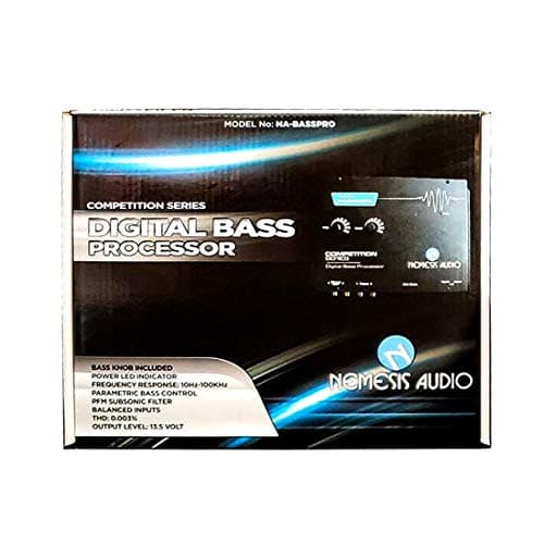 Caixa do processador digital de graves BASSPRO da Nemesis Audio com detalhes em azul e texto branco
