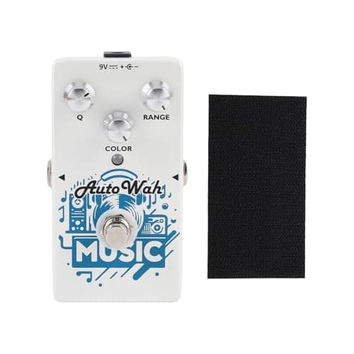 Pedal de efeito de guitarra SPYMINNPOO, branco com design clássico dos anos 70, botões de controle para Q, Range e Color, almofada preta para proteção, ilustrações musicais e texto 'Auto Wah Music'.