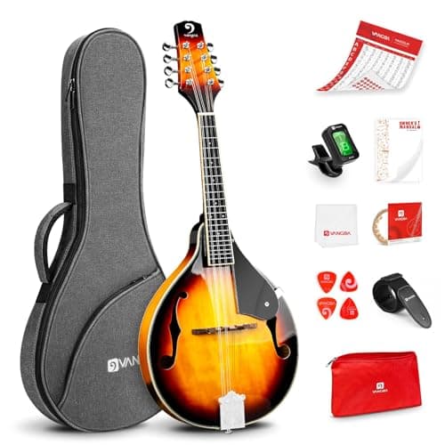 Vangoa Mandolim Instrumento Musical Estilo A, Kit de Instrumentos de Bandolim Acústico Italiano 8 Cordas para Iniciantes Profissionais Adultos Adolescentes Jovens Crianças, Explosão de Sol, Brilhante
