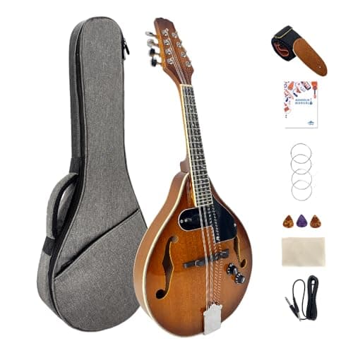 Foyarinal Bandolim elétrico acústico estilo A, instrumento de bandolim de mogno de 8 cordas para iniciantes, adultos e adolescentes, kit de iniciante embutido com bolsa de trabalho, alça, cordas