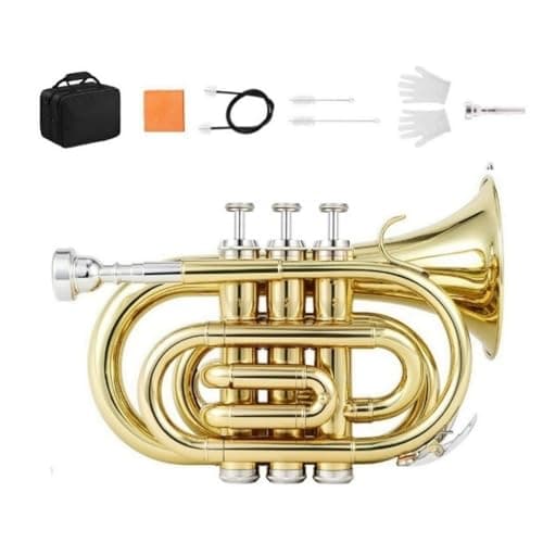 VEDO Pocket Trompete Bb FlatCom Bocal de 7c, Pano de Limpeza, Luvas for Beginners Students, Profissional Trompete, Trumpetde Latão, de Blauta B, Instrumento de Infantil dourado