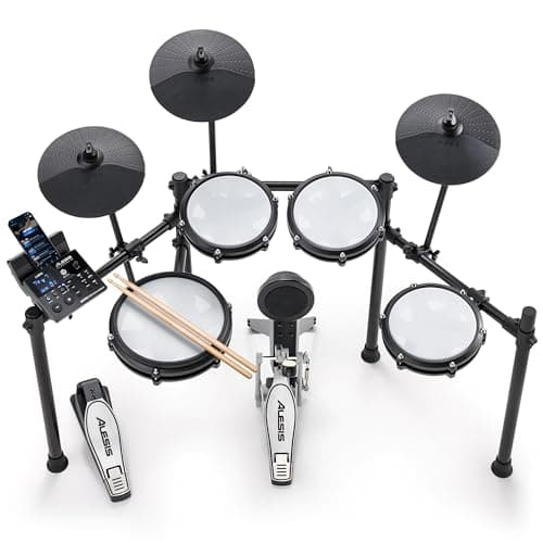 Kit de bateria eletrônica Alesis Nitro Max com remendos silenciosos de malha, caixa de zona dupla de 10 polegadas, Bluetooth, 440 sons autênticos, aulas Drumeo, USB MIDI, pedal de bombo.