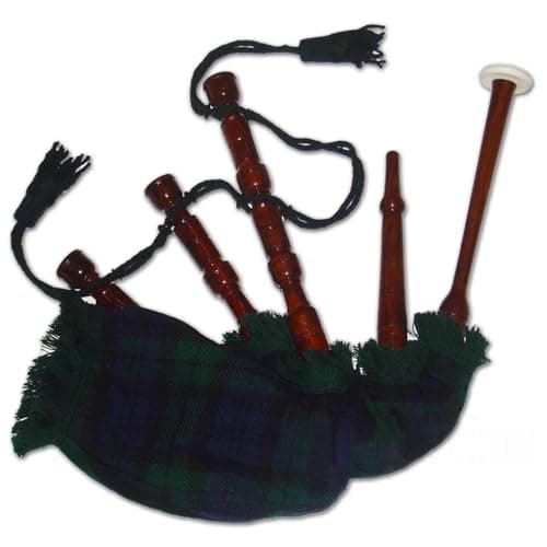 Conjunto de gaita de fole júnior de coco ou madeira marrom com capa tartã (Royal Stewart, relógio preto, verde irlandês e mais) (relógio preto marrom)