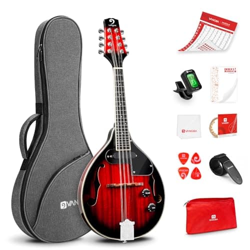 Vangoa Bandolim Elétrico Acústico de 8 Cordas - Instrumento Musical de Mogno Para Iniciantes e Adultos - Vermelho Cereja