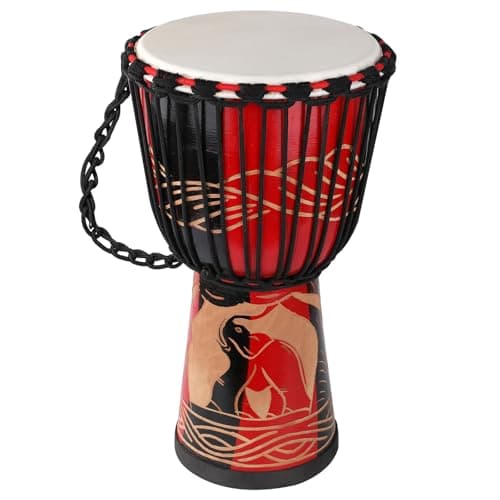 Tambor Djembe vermelho com pele de cabra esculpida em mogno, 25 cm x 50 cm