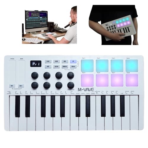 M-VAVE Controlador MIDI Bluetooth 25 Teclas com 8 Pads RGB, Bateria de 16h e Teclado Dinâmico - Compatível com Ableton/FL Studio/iOS/Android (Branco)-embalagem original Autêntico
