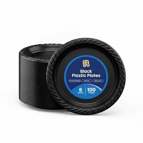 R-kay Pacote com 100 pratos de plástico preto de 15 cm descartáveis - Pratos de sobremesa pretos resistentes descartáveis - Pequenos pratos de plástico descartáveis para micro-ondas