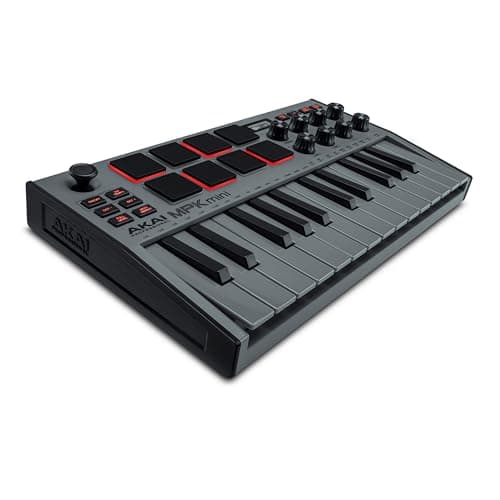 Controlador de teclado MIDI Akai MPK Mini MK3 cinza e preto com 25 teclas e 8 pads de bateria iluminados