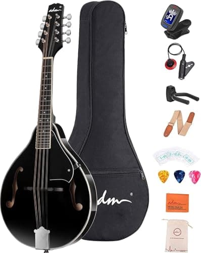 ADM Kit de instrumento bandolim acústico estilo música para estudantes adultos bandolins de madeira iniciante conjunto com bolsa, sintonizador, equalizador, alça, cordas, palhetas e gancho, preto Drak