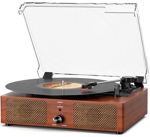 Toca-discos de vinil Bluetooth com alto-falantes integrados e toca-discos fonógrafo vintage acionado por correia USB, reprodutor LP de 3 velocidades, suporta reprodução e gravação USB AUX-in, saída de