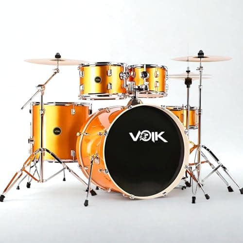 Bateria Acústica Voik BAM22-GD Cor Gold Brilhante Bumbo 22" Caixa Com Botão de Ajuste Fino Na Vibração 8 Peças Maquina de Chimbal Completa Com Pratos + Banco e Baqueta Para Iniciantes FOCUS Séries