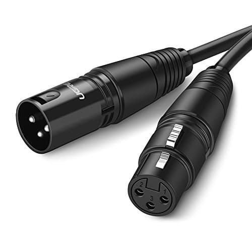 Cabo de extensão de microfone XLR macho para fêmea UGREEN, 5m, conectores pretos, fundo branco.