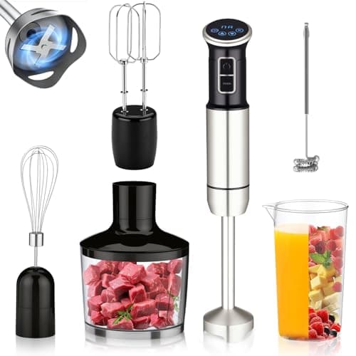 6 em 1 mixer de mão, 1000W, 8 velocidades, Exibição digital LCD, Vem com um copo de 860 ml, Triturador de 600 ml, Batedor de aço inoxidável com 4 pás, Adequado para sopas, smoothies e purés(220V)