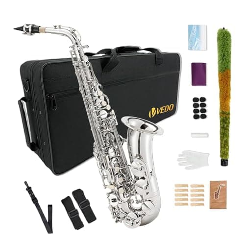 VEDO Saxofone Alto Profissional em Mi Bemol para Iniciantes - Instrumento em Latão Banhado Prata com Estojo Rígido, Palhetas, Estante e Acessórios, Som Quente Ideal para Samba Brinquedos e Jogo