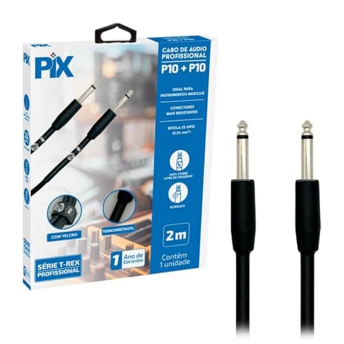 Cabo P10 P10 Mono 100% Cobre para Instrumentos Musicais 2 Metros com Embalagem Azul e Branco