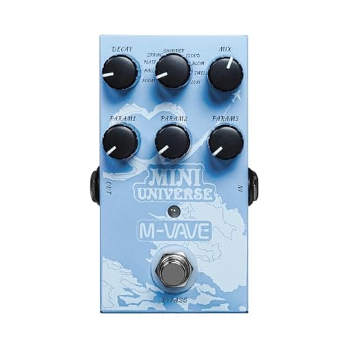Pedal de reverb digital para guitarra M-VAVE com 9 modos e controles de Decay, Shimmer, Clear, Bloom, Mail, Swell, Lofi, Param1, Param2 e Param3.