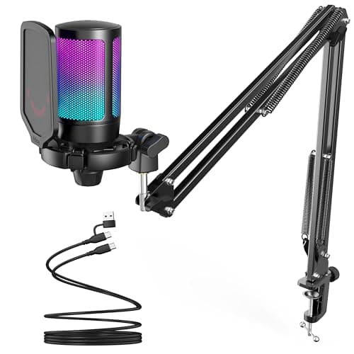 FIFINE Gaming PC Microfone USB, Microfone Condensador para Podcast com Braço,Filtro Pop,Botão Mudo para Streaming,Twitch,Chat Online,Mic RGB para Computador para PS4/5 y Jogadores e Youtuber-A6T