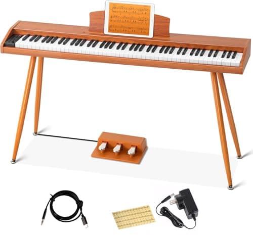 VEDO Teclado Musical, 88 Teclas Piano Digital Kit, Piano Digital para Iniciantes, 800 Tons, 600 ritmos, 80 Canções de Demonstração, Profissional Pedal Triplo, MIDI-USB, IOS, Pad, Win, Android, Marrom