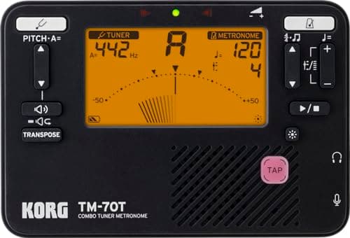 Sintonizador e metrônomo Korg TM-70T preto com tela digital amarela