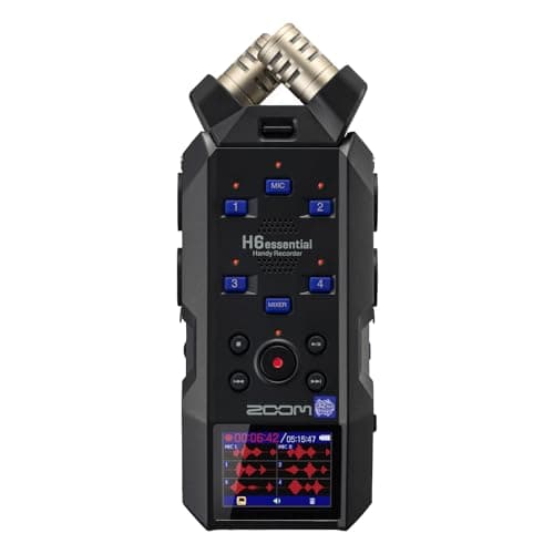 Zoom H6essential (modelo 2024, série Essential) com flutuador de 32 bits, acessibilidade, gravador de 6 faixas, microfones estéreo, 4 entradas XLR/TRS, interface de áudio USB, para músicos, podcasts e