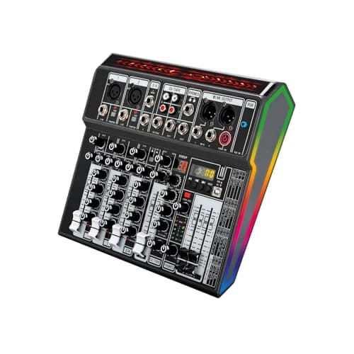 Mesa de Som Profissional 4 Canais com Bluetooth, USB e Phantom Power +48V, Mixer de Áudio com Efeitos Digitais, Saída REC e Iluminação RGB para Palco, Estúdio e Streaming