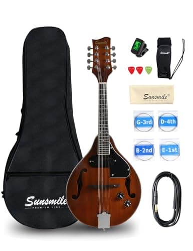 Bandolim acústico-elétrico Sunsmile estilo A com captador, corpo Okoume, pescoço e ponte de nogueira, com saco de concerto e acessórios