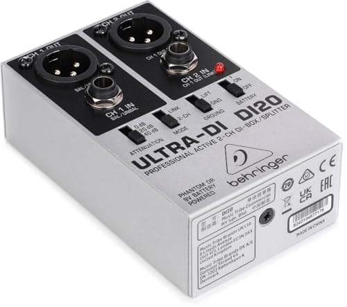 Behringer DI20 Direct Box Ativo caixa cinza e preta contra fundo branco