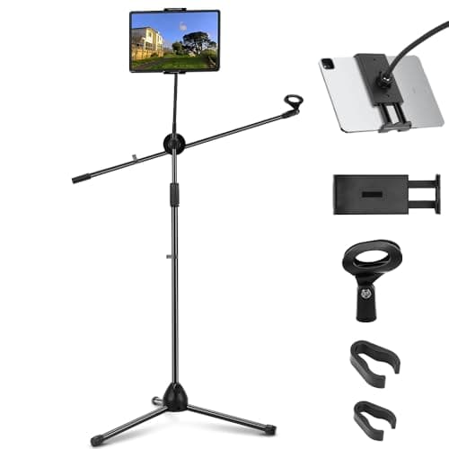 Suporte para microfone com braço articulado para chão, mostrando smartphone e tablet posicionados