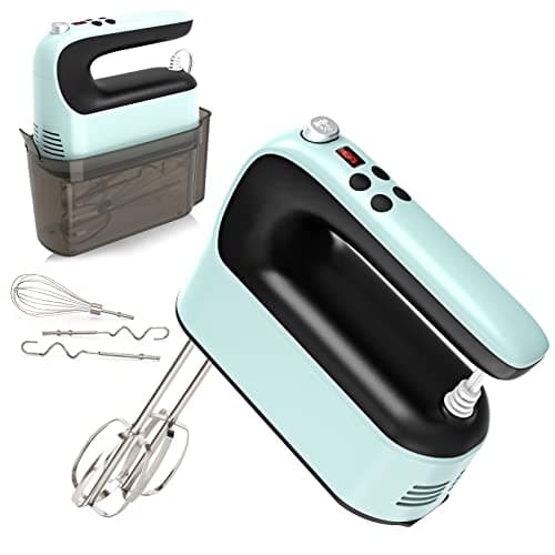 Mixer digital de 9 velocidades elétrica Yomelo, motor CC potente de 400 W, mixer portátil com estojo de armazenamento de encaixe, botão de toque, Turbo Boost, ganchos de massa, batedor (azul gelo)