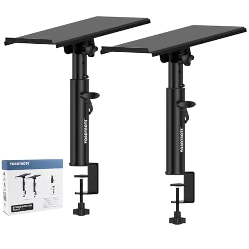 Vondynote Suportes de monitor de estúdio par de suportes de alto-falante com grampo de mesa resistente com bandeja de ângulo de inclinação ajustável de 0-12 °