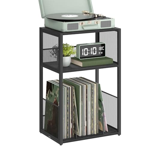 VASAGLE Suporte para toca-discos, mesa lateral de 3 camadas, armazenamento de discos de vinil de até 100 álbuns, mesa de canto para sala de estar, quarto, preto ébano ULET275B01