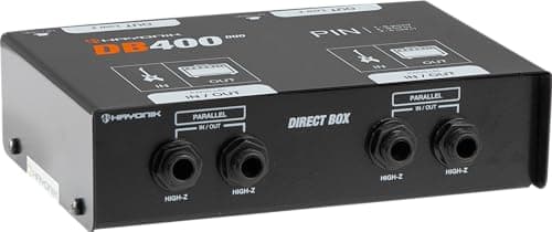 Caixa direta estéreo duplo HAYONIK DB400Duo preto com conectores e rótulos visíveis