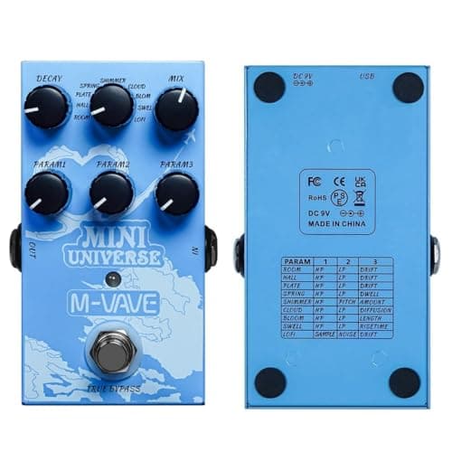 Pedal de efeito Mini Universe M-Wave, azul, com controles de reverberação e mixagem, mostrado de frente e verso.
